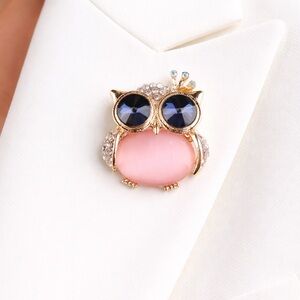 KAWAII OWL Owl Brooch Gold-Tone Cat’s Eye Stone Crystal Pin